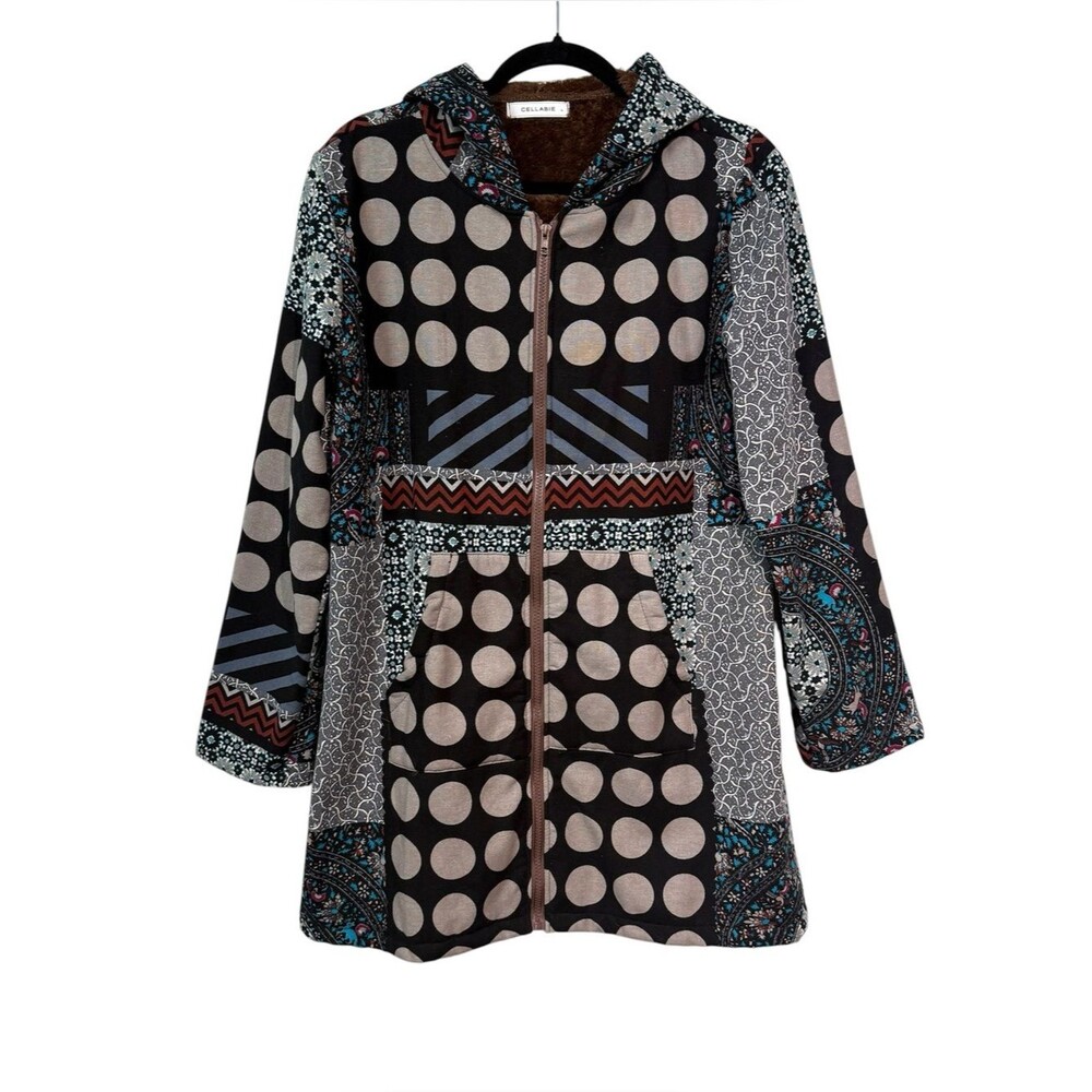 Cellabie Boho Patchwork Sherpa Lined Hooded Jacket Large